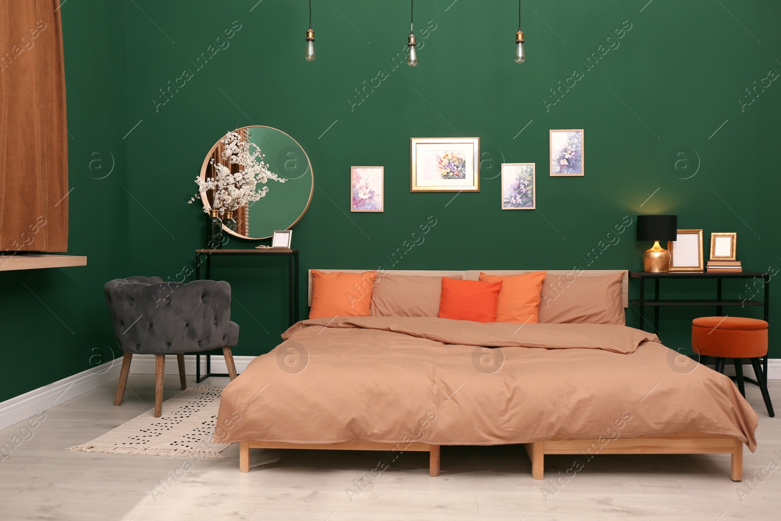 Stylish bedroom with modern furniture. Interior design Photo of Stylish bedroom with modern furniture. Interior design