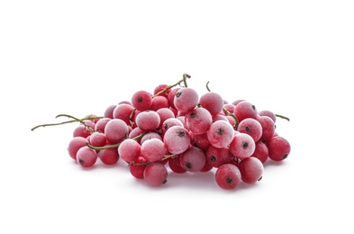 Heap of tasty frozen red currants on white background Photo of Heap of tasty frozen red currants on white background