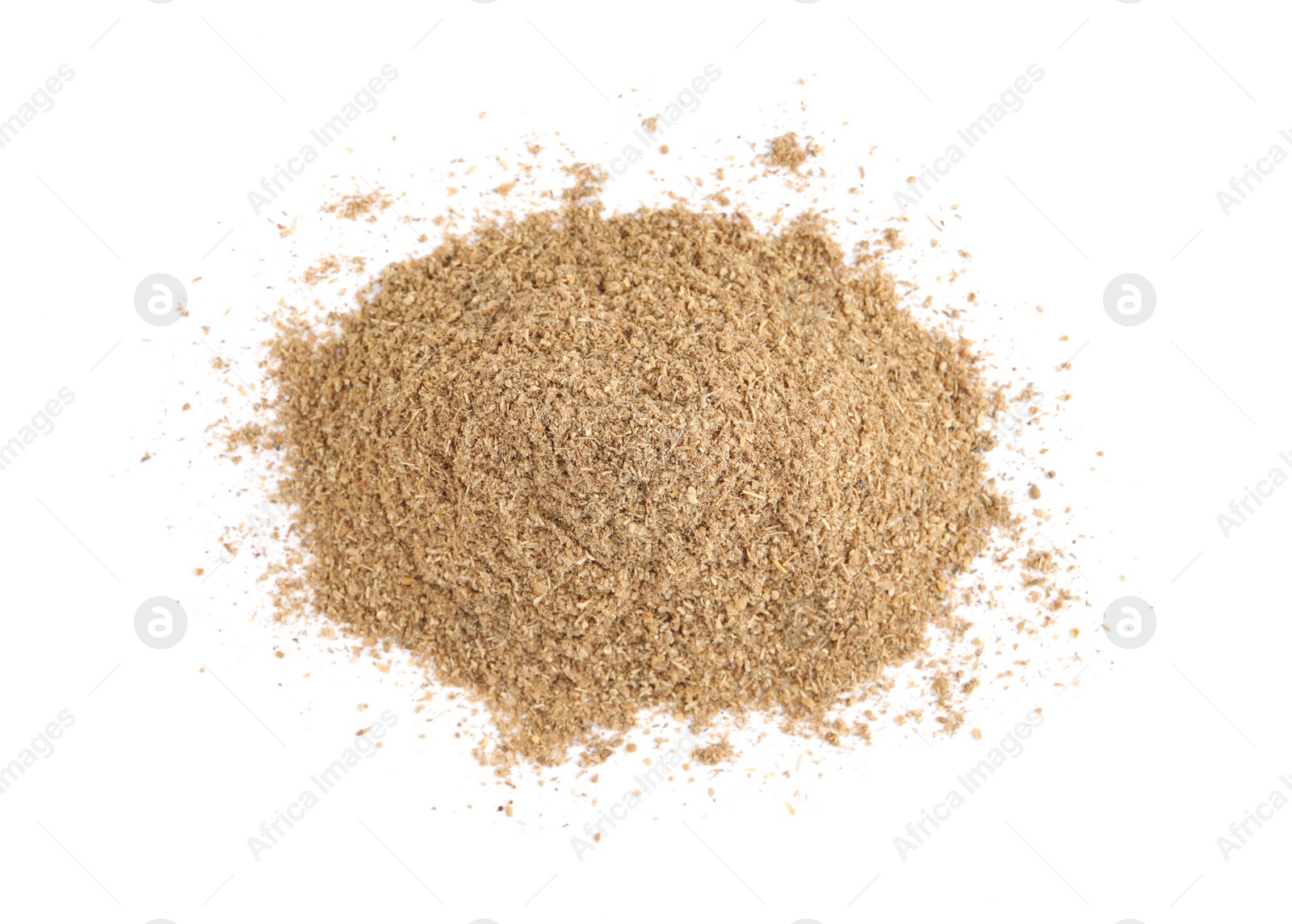 Heap of powdered coriander isolated on white, top view Photo of Heap of powdered coriander isolated on white, top view