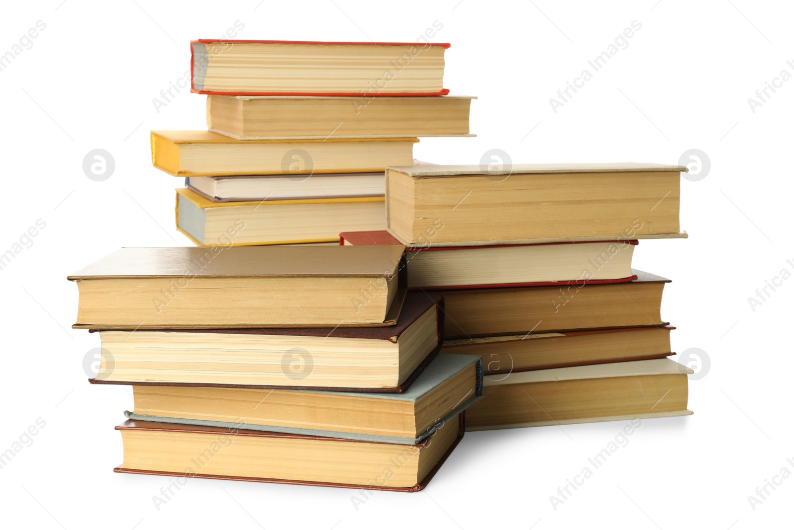 Lots of library books on white background Photo of Lots of library books on white background