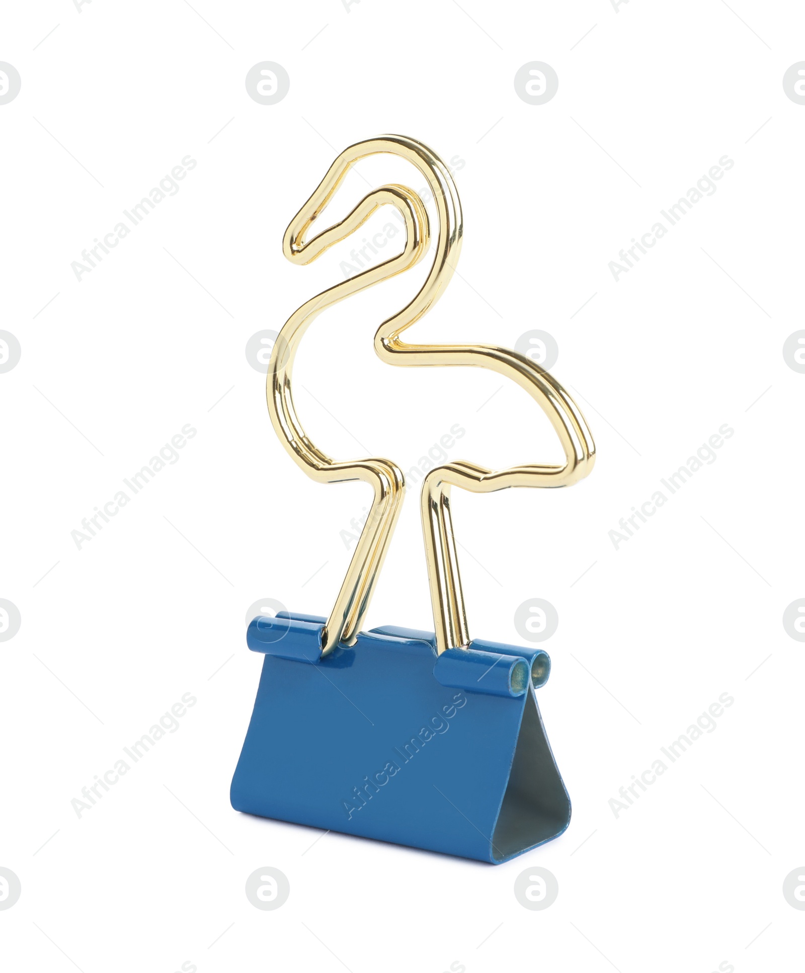 Photo of Flamingo shaped binder clip isolated on white. Stationery item