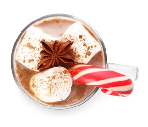 Glass cup of tasty cocoa with marshmallows, Christmas candy cane and anise isolated on white, top view Photo of Glass cup of tasty cocoa with marshmallows, Christmas candy cane and anise isolated on white, top view