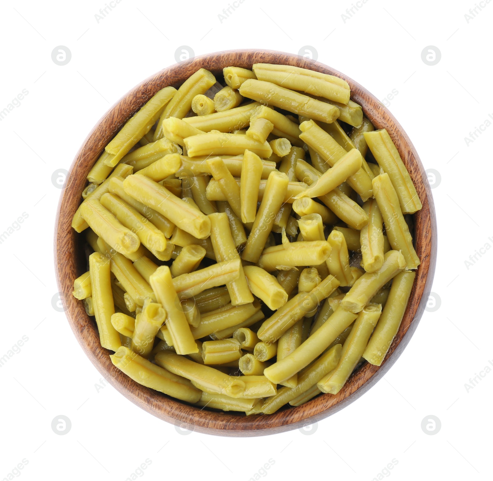 Canned green beans in bowl isolated on white, top view Photo of Canned green beans in bowl isolated on white, top view