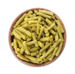 Canned green beans in bowl isolated on white, top view Photo of Canned green beans in bowl isolated on white, top view