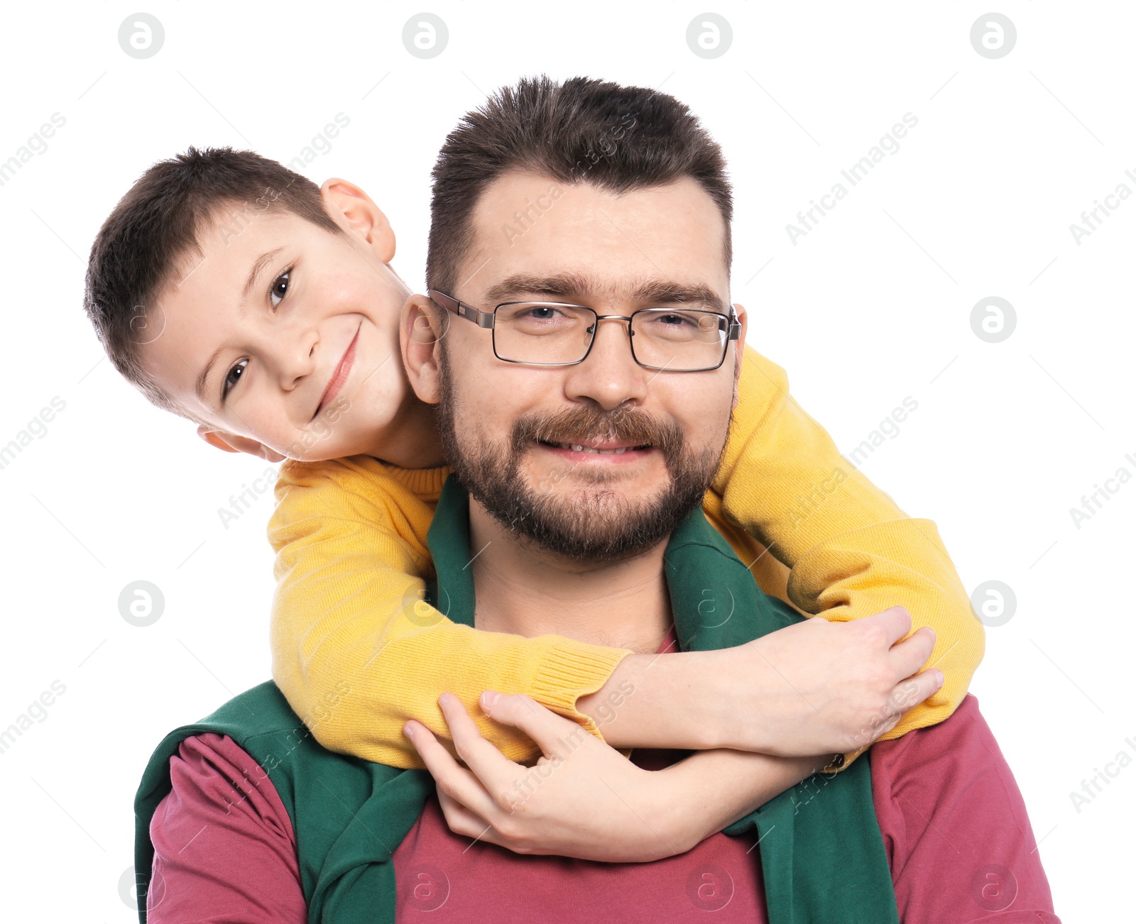 Little boy and his dad on white background Photo of Little boy and his dad on white background