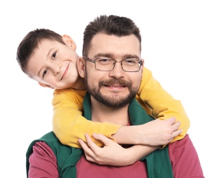 Little boy and his dad on white background Photo of Little boy and his dad on white background