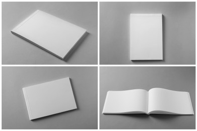 Open blank brochures on grey background, collage Image of Open blank brochures on grey background, collage