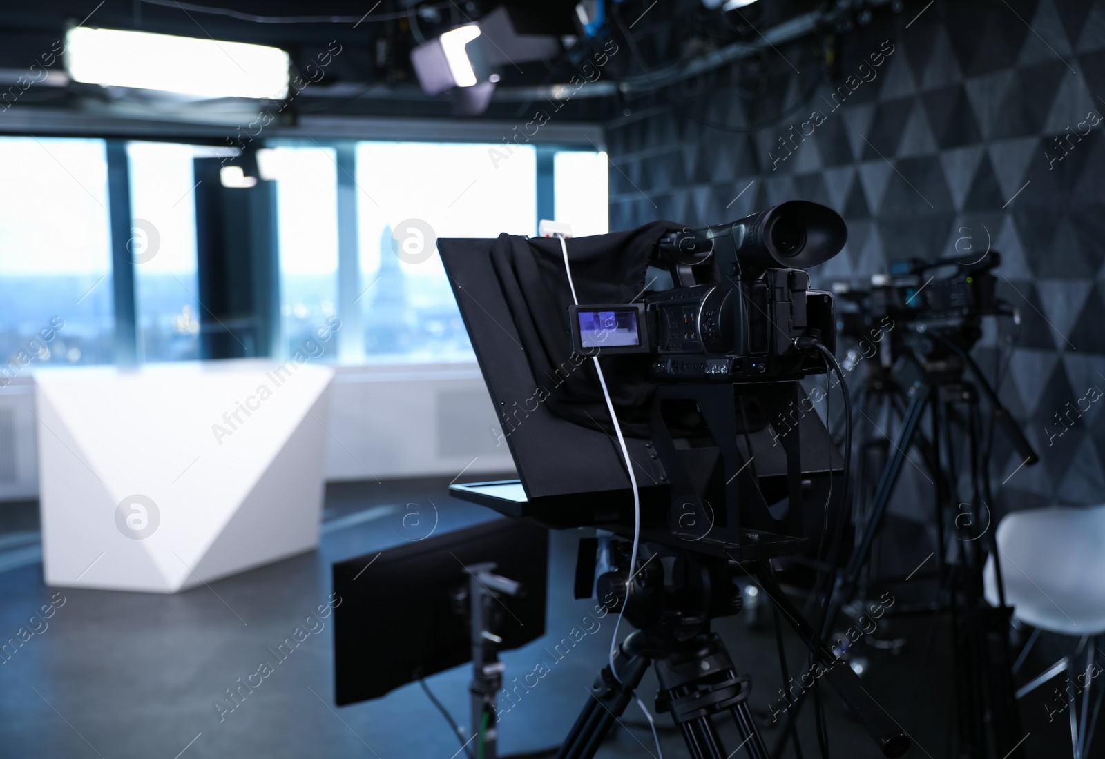 Modern video recording studio with professional equipment, focus on camera Photo of Modern video recording studio with professional equipment, focus on camera