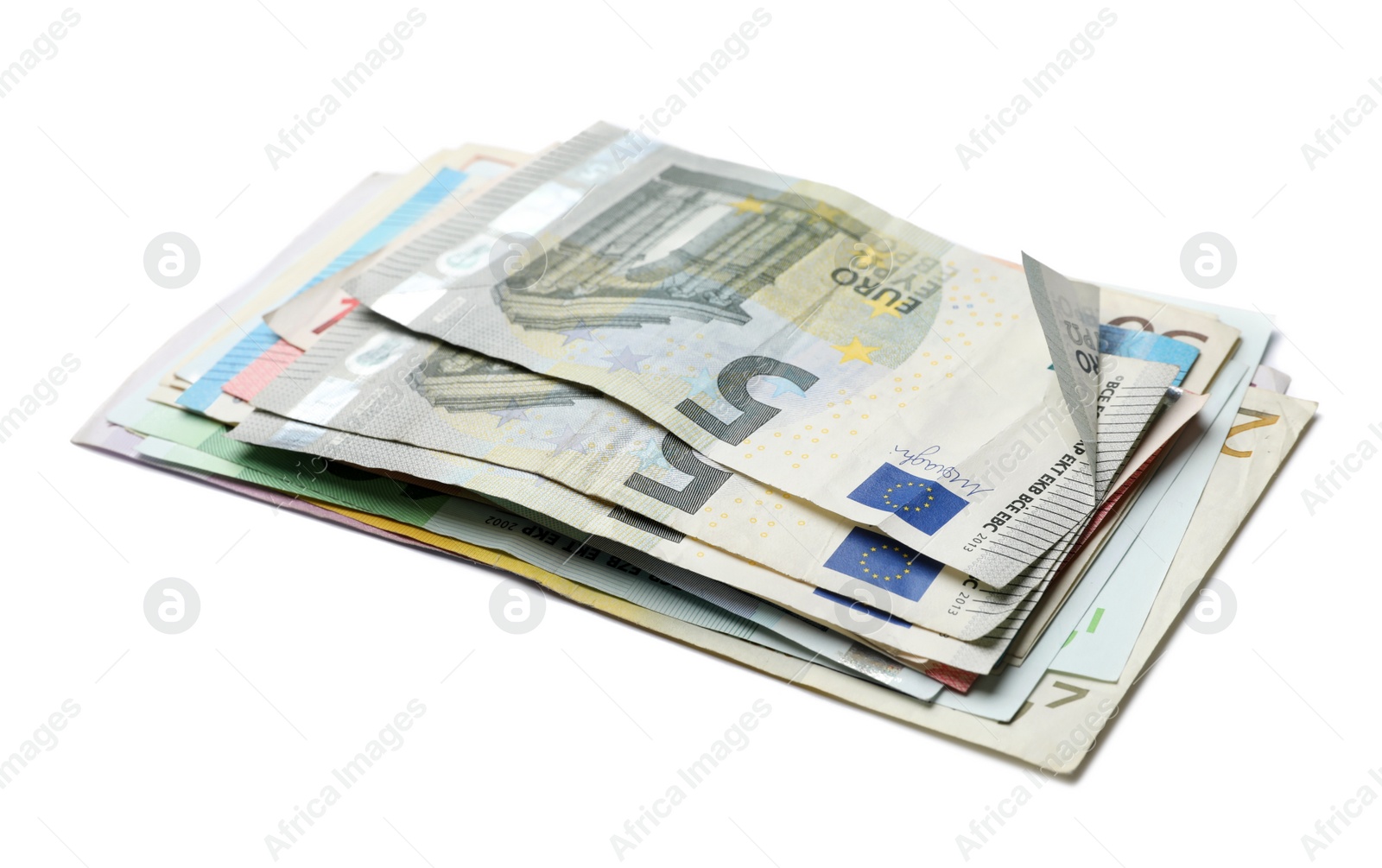 Pile of different Euro banknotes on white background Image of Pile of different Euro banknotes on white background