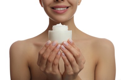 Woman holding jar of facial cream on white background, closeup Photo of Woman holding jar of facial cream on white background, closeup