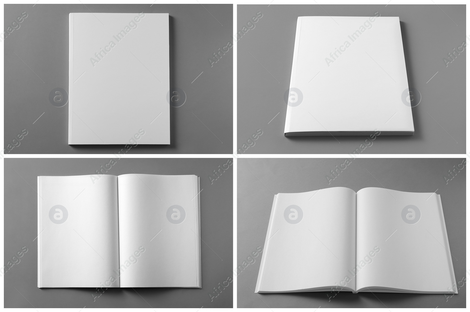 Open blank brochures on grey background, collage Image of Open blank brochures on grey background, collage
