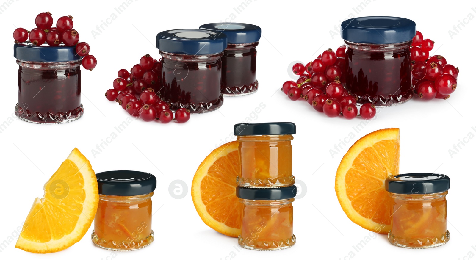 Set with jars of different tasty jam on white background Image of Set with jars of different tasty jam on white background