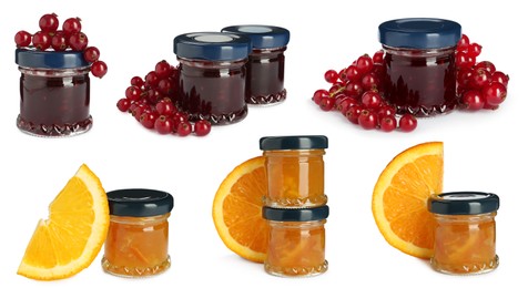 Set with jars of different tasty jam on white background Image of Set with jars of different tasty jam on white background