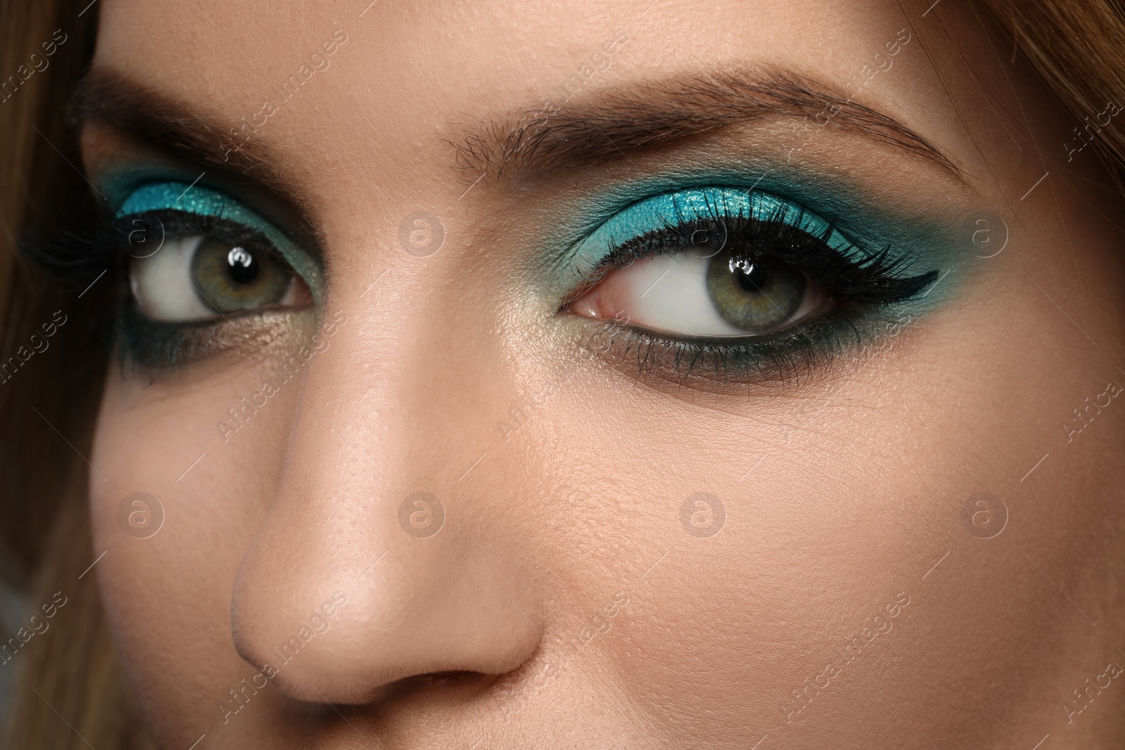 Young woman with evening makeup, closeup. Eye shadow product Photo of Young woman with evening makeup, closeup. Eye shadow product