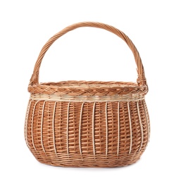Wicker basket with handle isolated on white Photo of Wicker basket with handle isolated on white