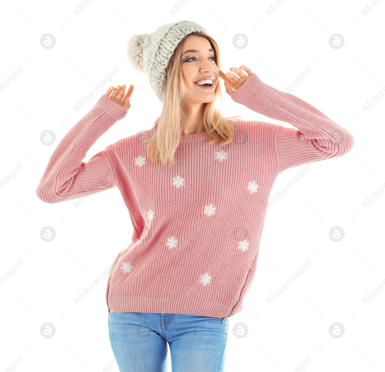 Portrait of happy young woman in warm clothing on white background. Ready for winter vacation Photo of Portrait of happy young woman in warm clothing on white background. Ready for winter vacation