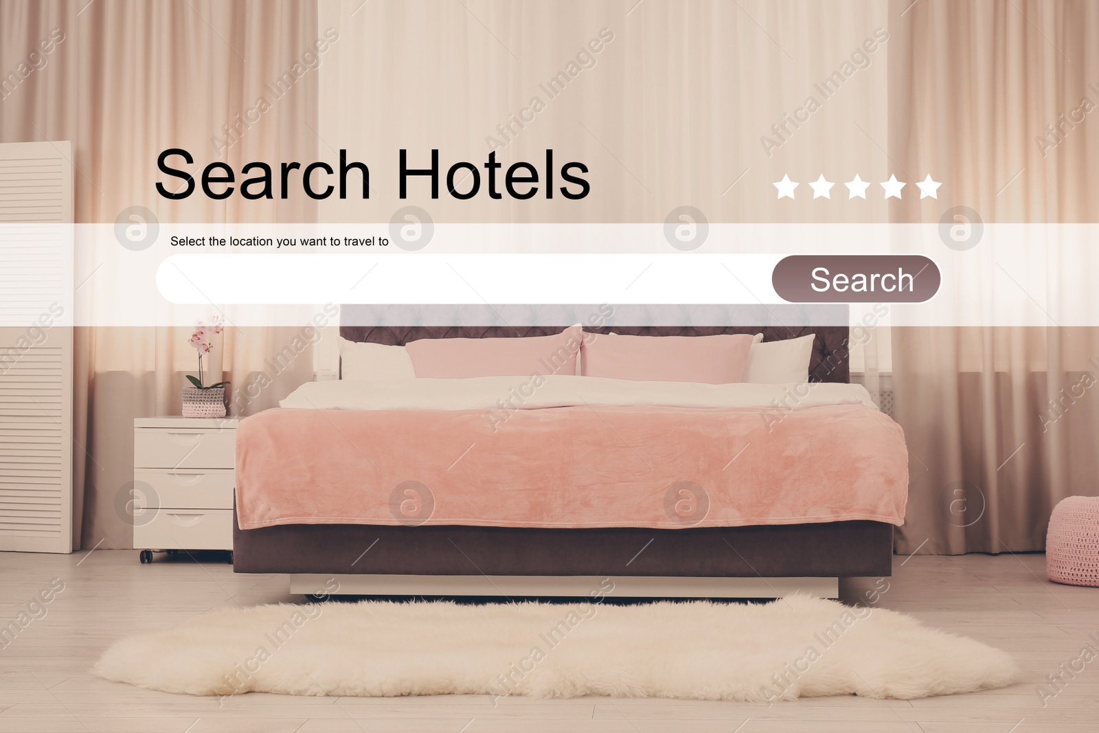 Booking online service. Search bar and beautiful hotel room on background Image of Booking online service. Search bar and beautiful hotel room on background