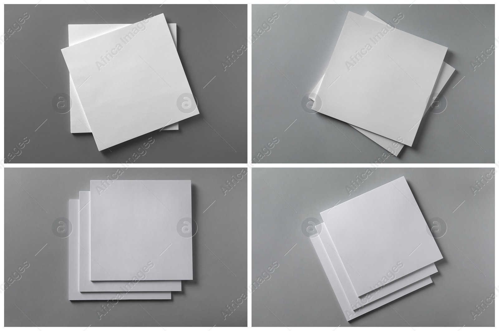 Open blank brochures on grey background, top view. Collage Image of Open blank brochures on grey background, top view. Collage