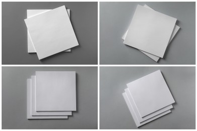 Open blank brochures on grey background, top view. Collage Image of Open blank brochures on grey background, top view. Collage