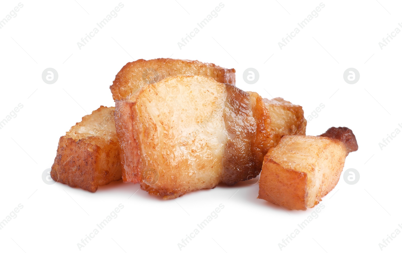 Tasty fried cracklings on white background. Cooked pork lard Photo of Tasty fried cracklings on white background. Cooked pork lard