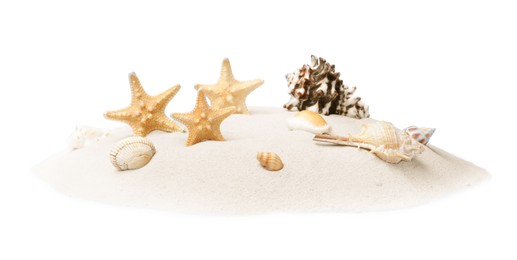 Beautiful sea stars and seashells in sand on white background Photo of Beautiful sea stars and seashells in sand on white background