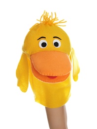 Duck puppet for show on hand against white background Photo of Duck puppet for show on hand against white background