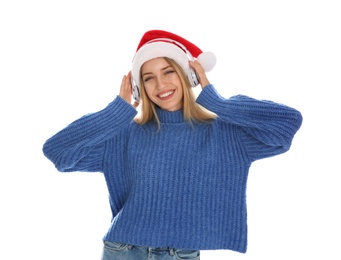Happy woman with headphones on white background. Christmas music Photo of Happy woman with headphones on white background. Christmas music