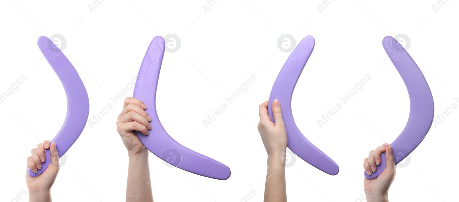 Collage with photos of women holding violet boomerangs on white background, closeup. Banner design Image of Collage with photos of women holding violet boomerangs on white background, closeup. Banner design