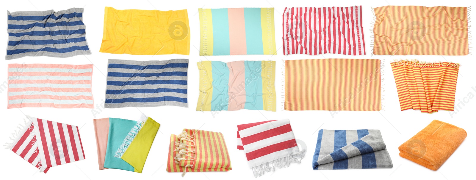Image of Set with different beach towels on white background. Banner design