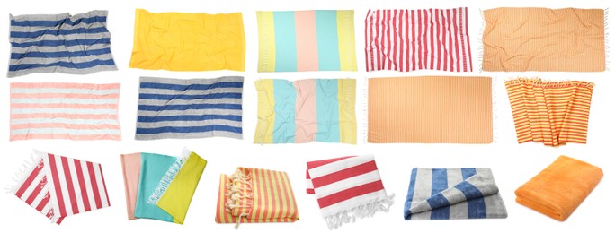 Set with different beach towels on white background. Banner design Image of Set with different beach towels on white background. Banner design