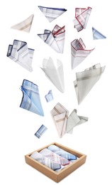 Many different handkerchiefs falling into box on white background Image of Many different handkerchiefs falling into box on white background