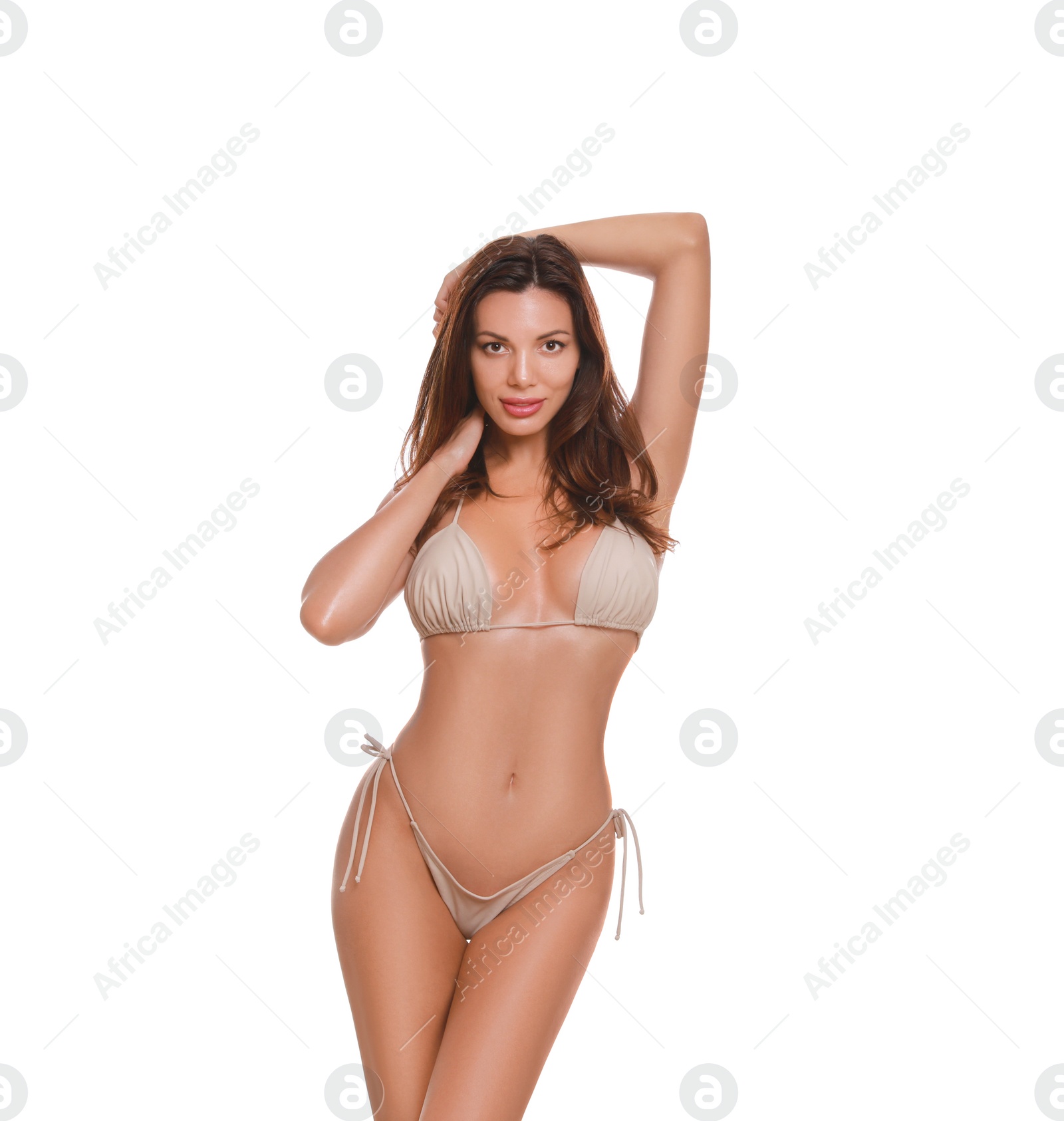 Beautiful woman in stylish bikini on white background Photo of Beautiful woman in stylish bikini on white background