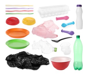 Set with different plastic items on white background Image of Set with different plastic items on white background