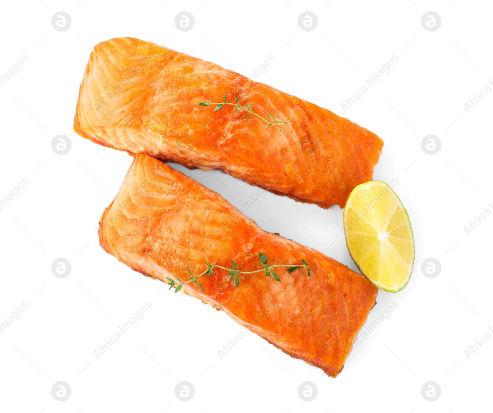 Delicious roasted fish with thyme and lime isolated on white, top view Photo of Delicious roasted fish with thyme and lime isolated on white, top view