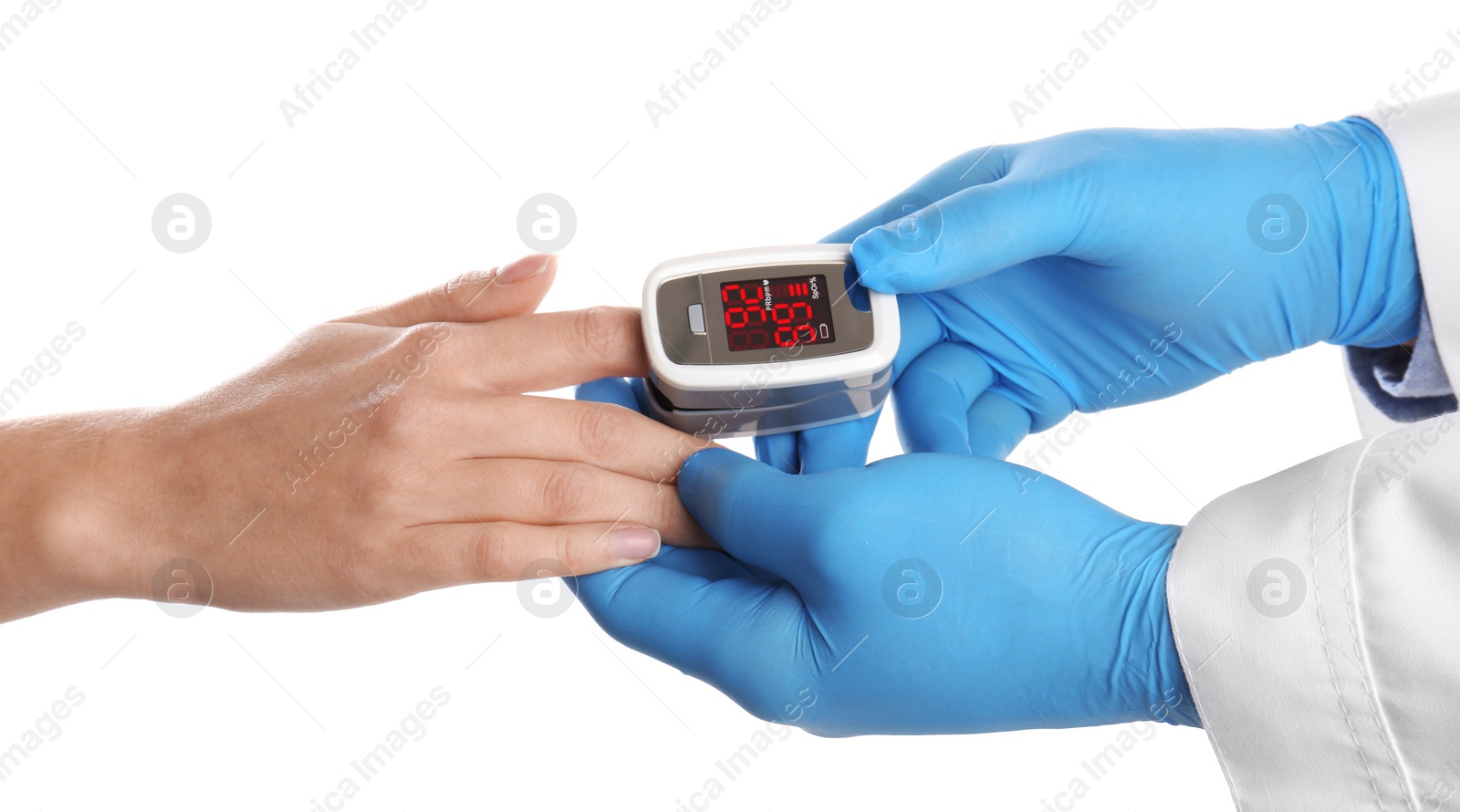 Doctor checking patient's oxygen level with pulse oximeter on white background, closeup Photo of Doctor checking patient's oxygen level with pulse oximeter on white background, closeup