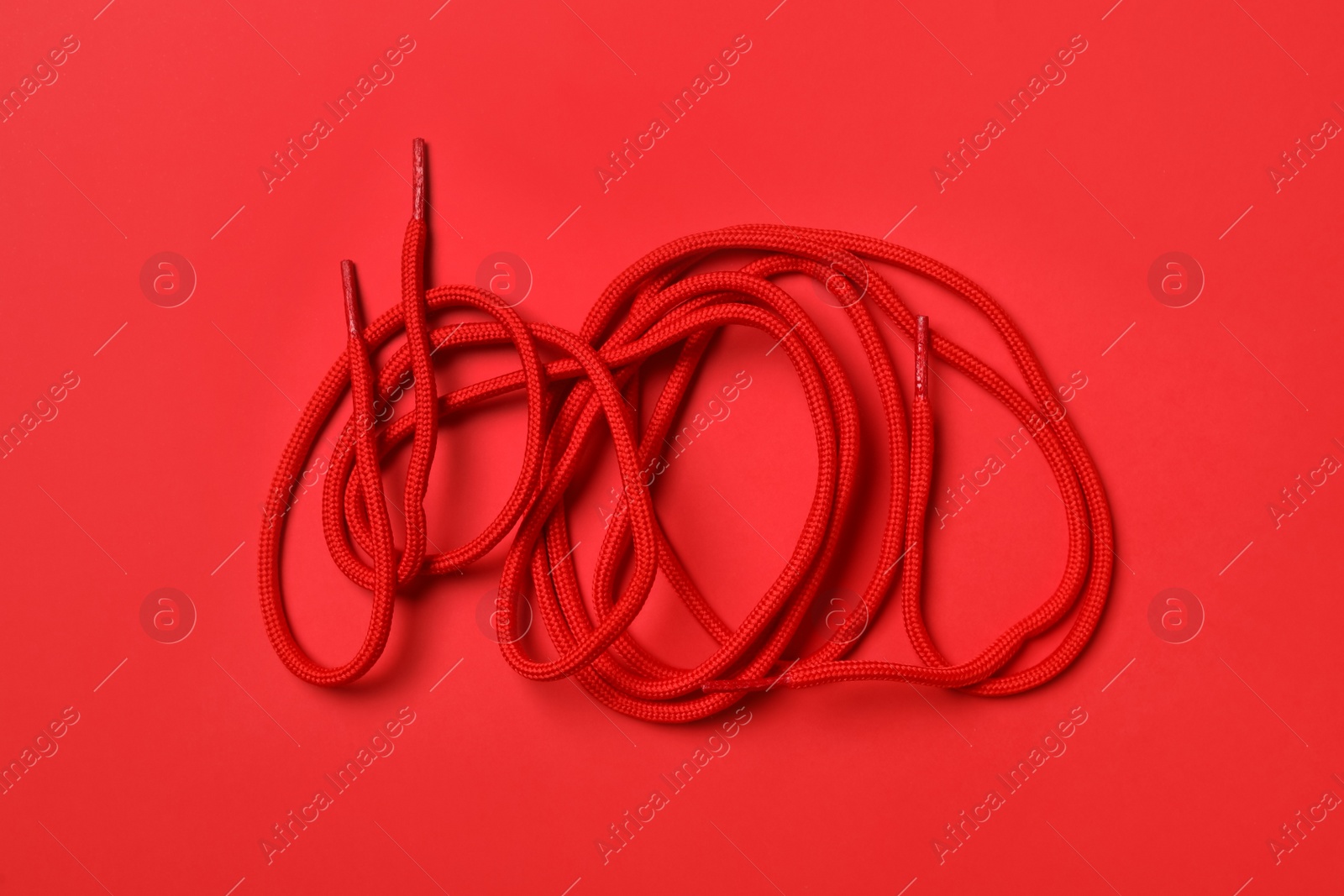 Shoelaces on red background, flat lay. Stylish accessory Photo of Shoelaces on red background, flat lay. Stylish accessory