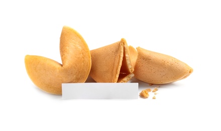 Traditional homemade fortune cookies with prediction on white background Photo of Traditional homemade fortune cookies with prediction on white background