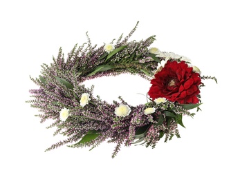 Beautiful autumnal wreath with heather flowers isolated on white Photo of Beautiful autumnal wreath with heather flowers isolated on white