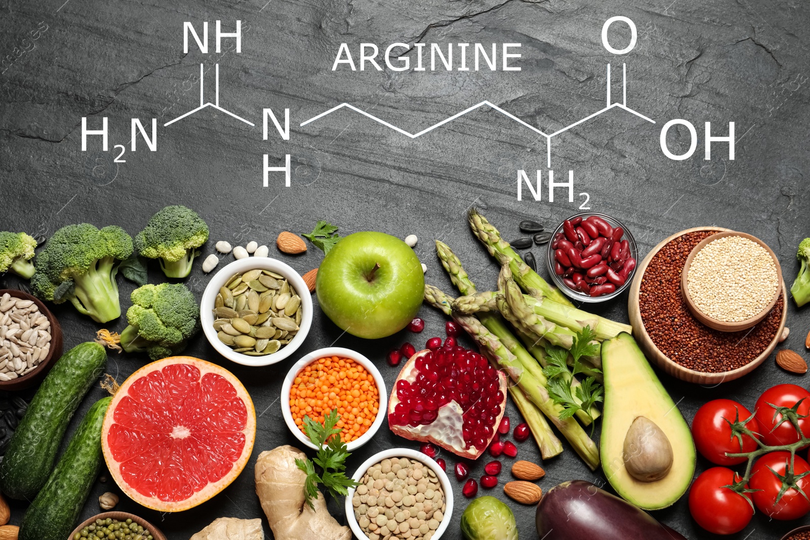 Fresh vegetables, fruits and seeds on black table, flat lay. Sources of essential amino acids Image of Fresh vegetables, fruits and seeds on black table, flat lay. Sources of essential amino acids