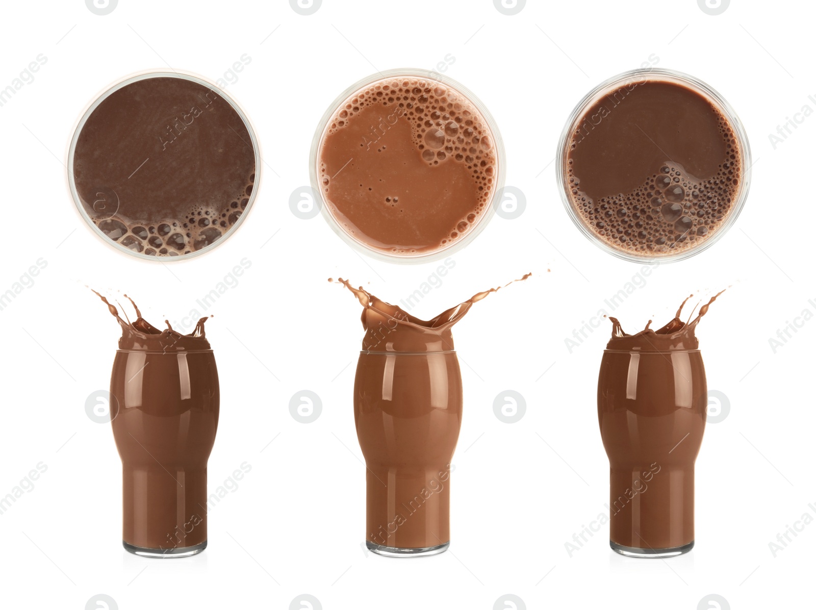 Image of Set with delicious chocolate milk on white background 