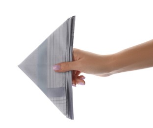 Photo of Woman holding handkerchief isolated on white, closeup