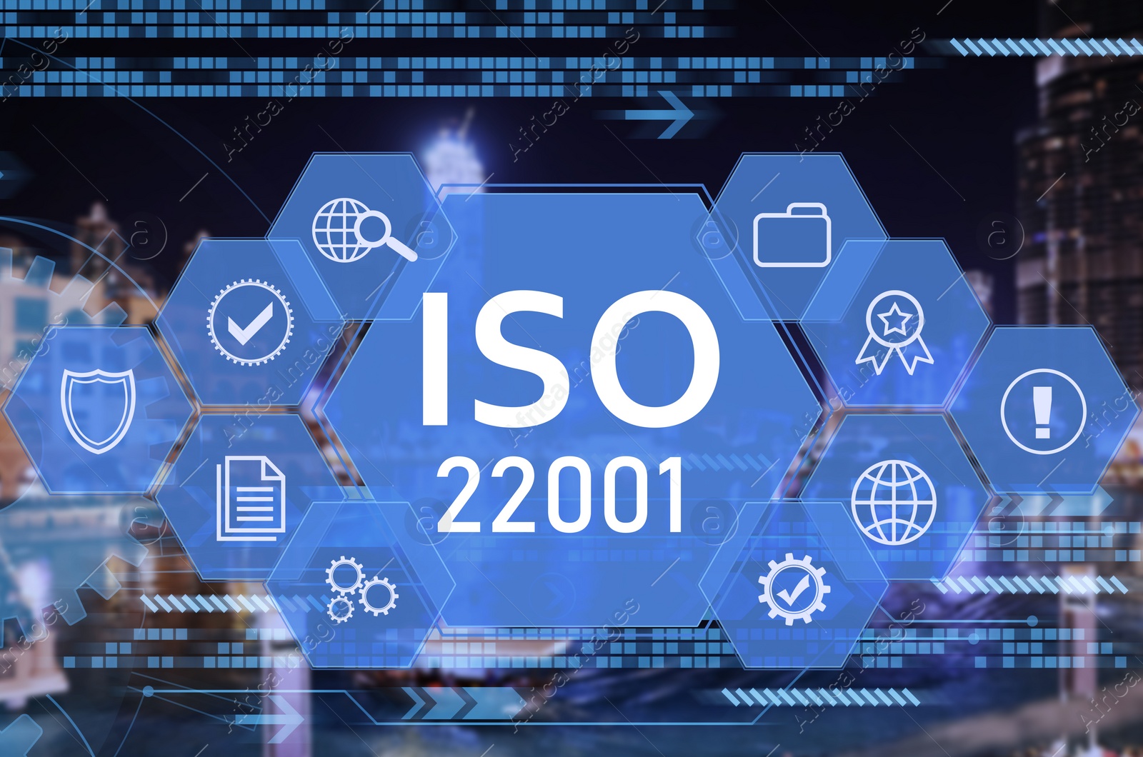 International Organization for Standardization (ISO 22001). Different virtual icons and blurred view of cityscape on background Image of International Organization for Standardization (ISO 22001). Different virtual icons and blurred view of cityscape on background