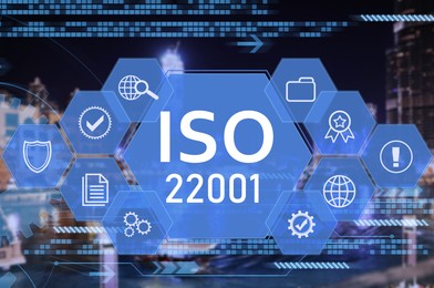 International Organization for Standardization (ISO 22001). Different virtual icons and blurred view of cityscape on background Image of International Organization for Standardization (ISO 22001). Different virtual icons and blurred view of cityscape on background