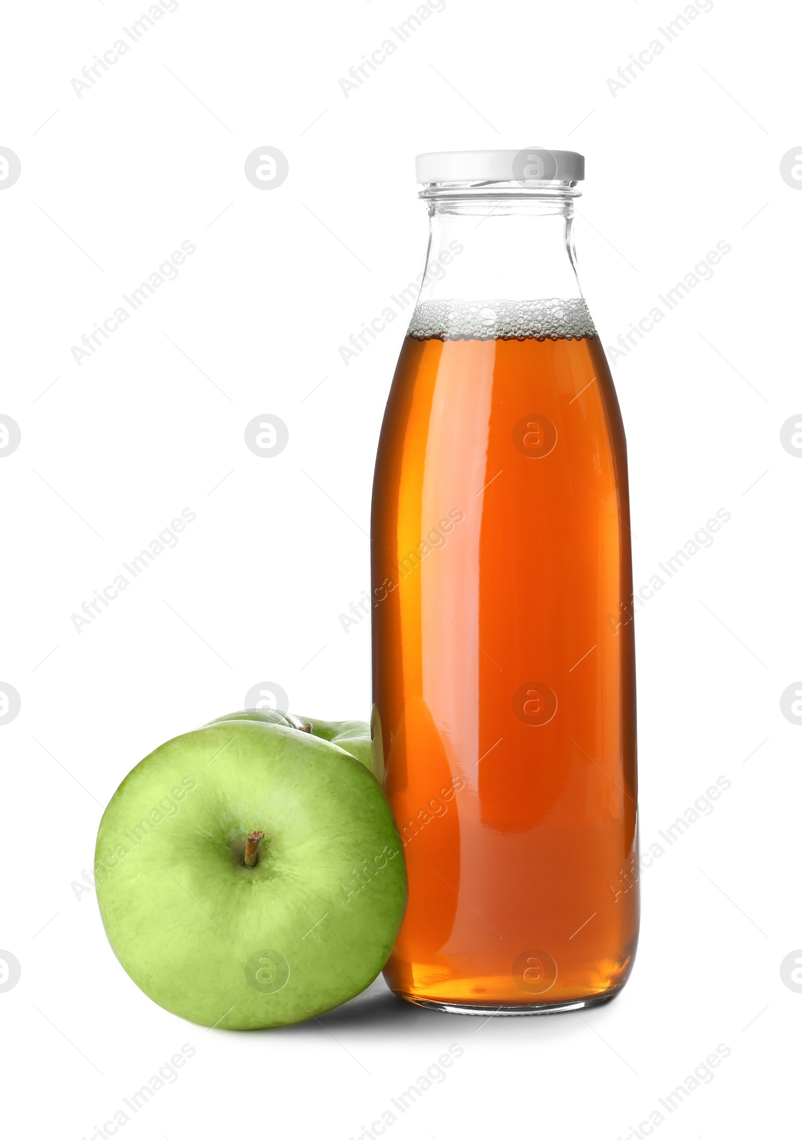 Bottle of apple juice and fresh fruit on white background Photo of Bottle of apple juice and fresh fruit on white background
