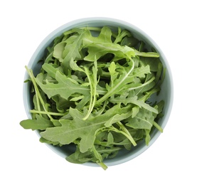 Delicious fresh arugula in bowl isolated on white, top view Photo of Delicious fresh arugula in bowl isolated on white, top view