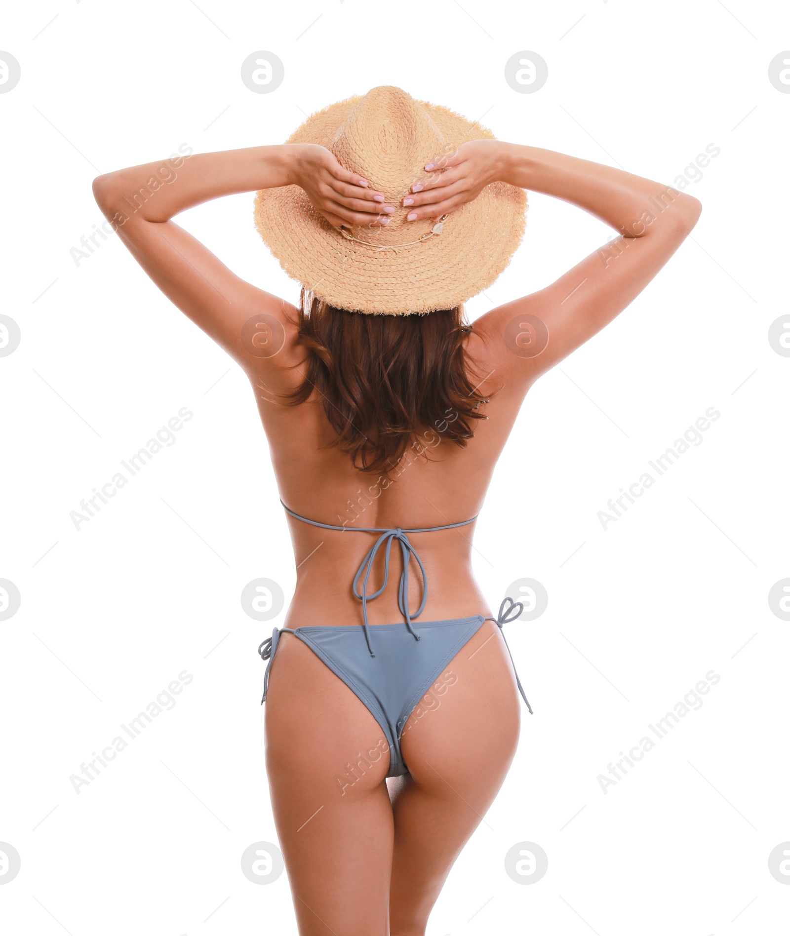 Beautiful woman in stylish bikini on white background, back view Photo of Beautiful woman in stylish bikini on white background, back view