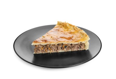 Piece of delicious pie with minced meat isolated on white Photo of Piece of delicious pie with minced meat isolated on white