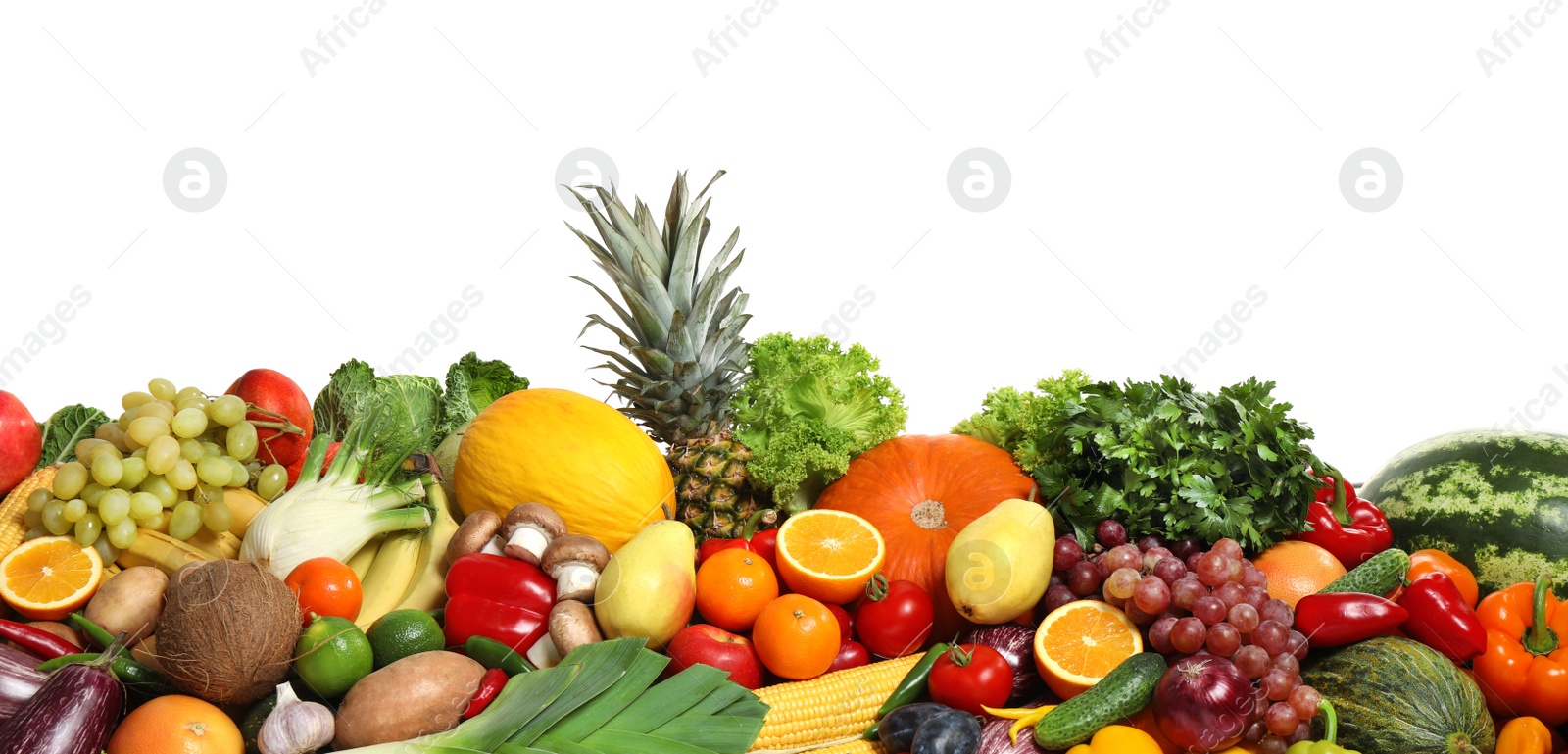 Assortment of fresh organic fruits and vegetables on white background. Banner design Photo of Assortment of fresh organic fruits and vegetables on white background. Banner design