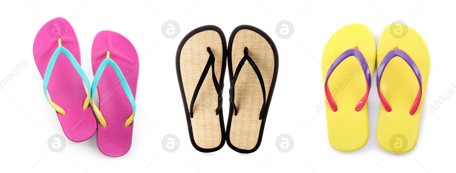 Set with pairs of stylish flip flops on white background, top view. Banner design Image of Set with pairs of stylish flip flops on white background, top view. Banner design