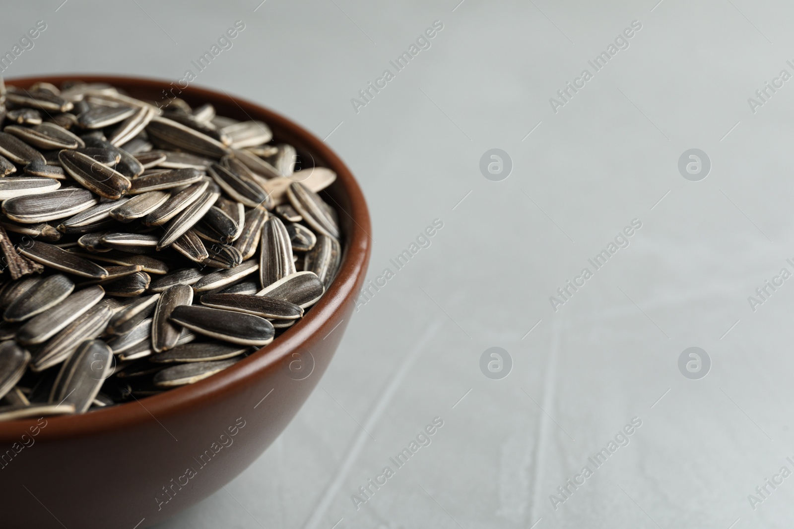Raw sunflower seeds in bowl on grey table, closeup. Space for text Photo of Raw sunflower seeds in bowl on grey table, closeup. Space for text